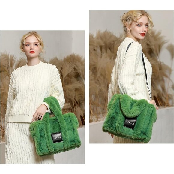 ✨Herald Women Green Tote Bag Soft Fluffy Fuzzy Furry Plush Handle Purse Handbag - Picture 2 of 8